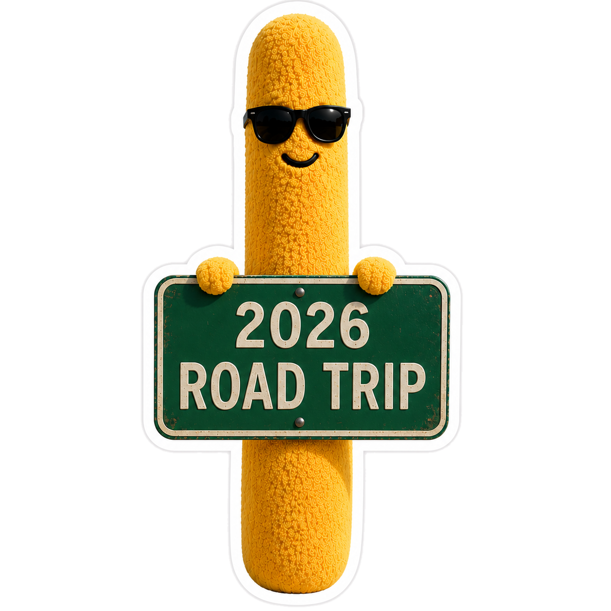 Leonard holding a 2026 road trip sign